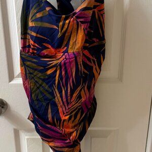 Time & Tru Navy/Orange Tropical One Piece Swimsuit